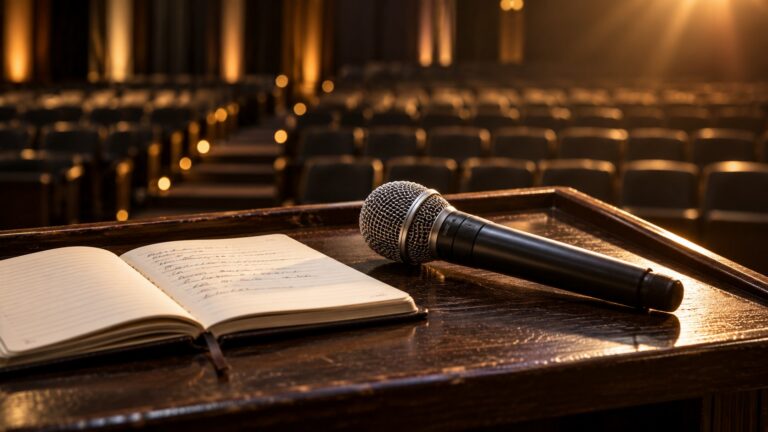 Microphone and notebook on a lectern in an empty auditorium.